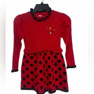 Girls' Red Long-Sleeve Knit Dress with Black Polka Dot Skirt